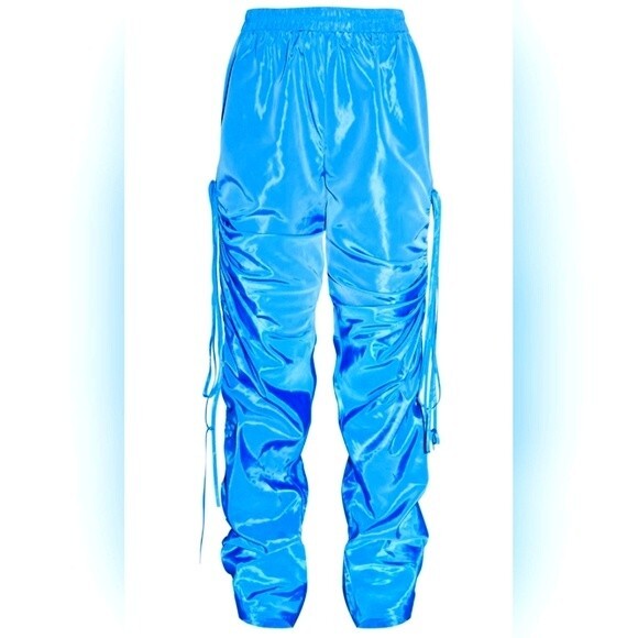 Pretty Little Thing Sky Blue Shell Ruched Leg Joggers Size 10 NWT Trousers - Picture 1 of 12